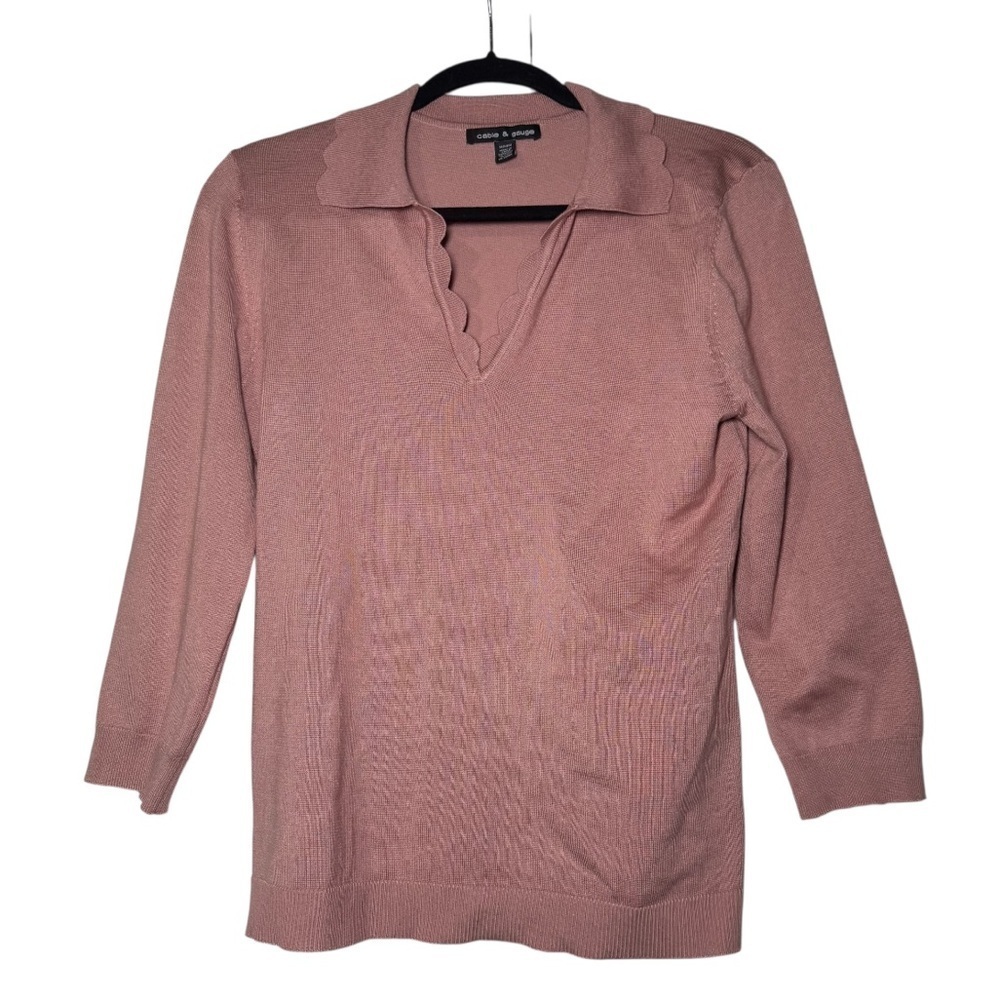 Cable & Gauge Collared Sweater Dusty Rose Size Medium Scalloped Sandy Pink